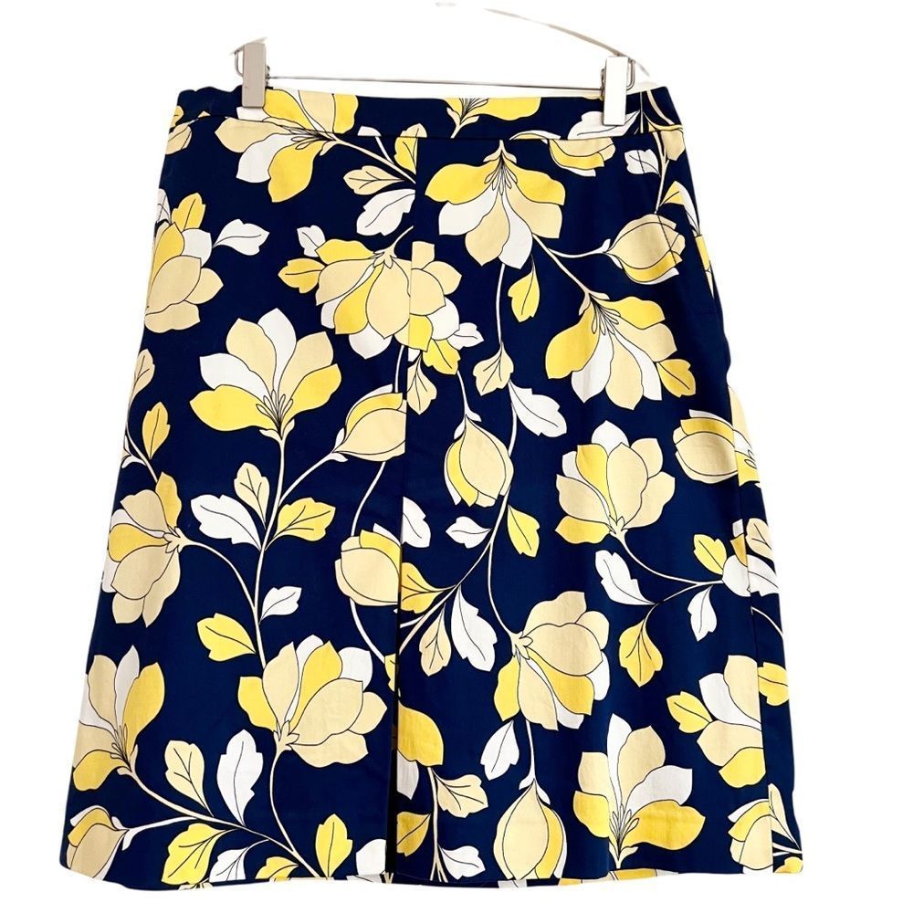 Talbots Petites Navy and Yellow Floral Print A-Line Skirt 10P